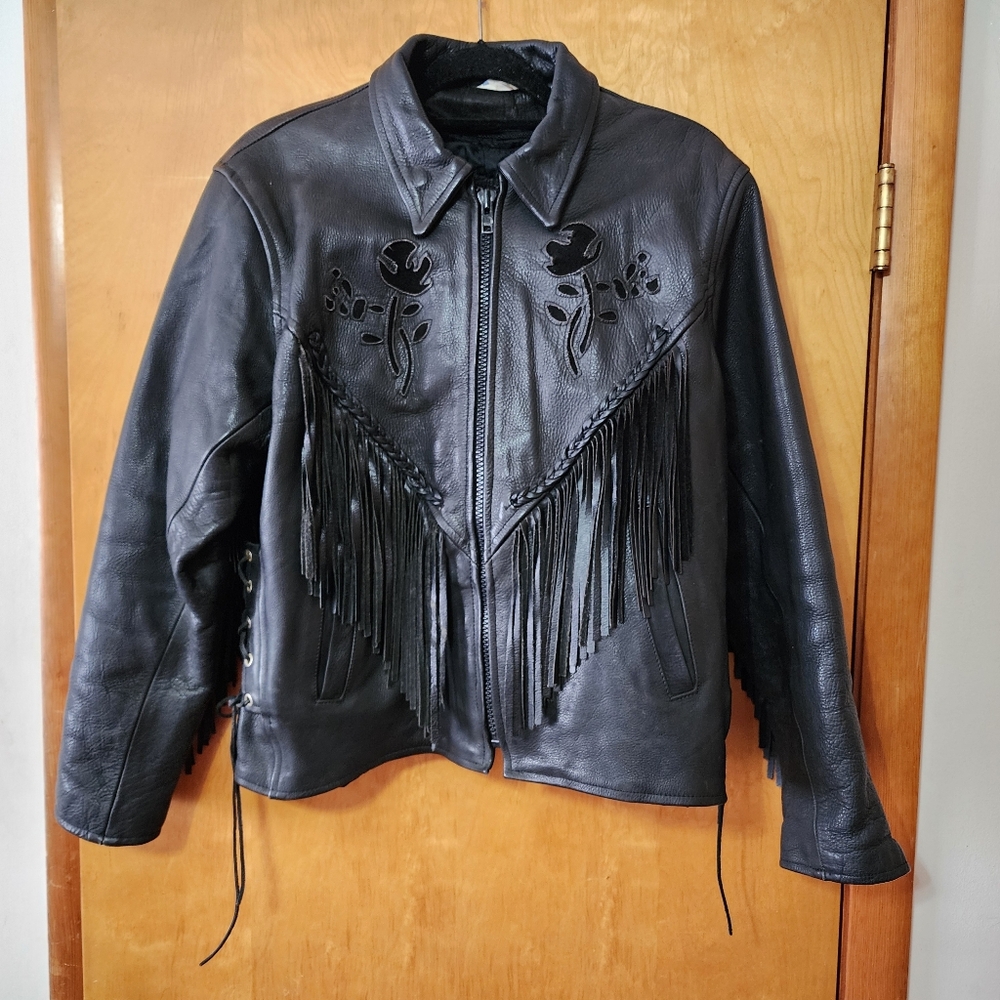 Vintage Paragon Black Leather Motorcycle Thinsulate Jacket Tassles USA Biker- XL